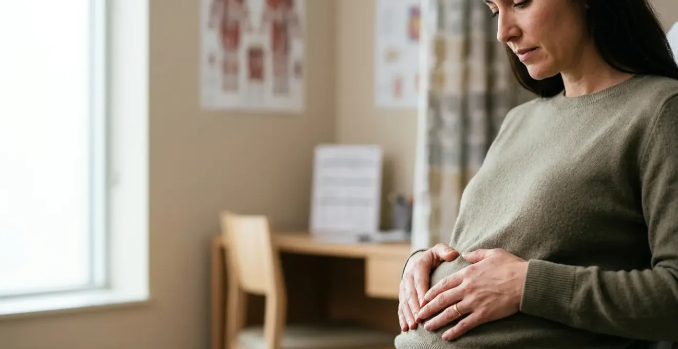 Donna in consultazione medica che osserva immagini anatomiche della parete addominale e della diastasi dei muscoli retti