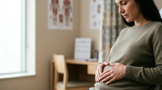 Donna in consultazione medica che osserva immagini anatomiche della parete addominale e della diastasi dei muscoli retti