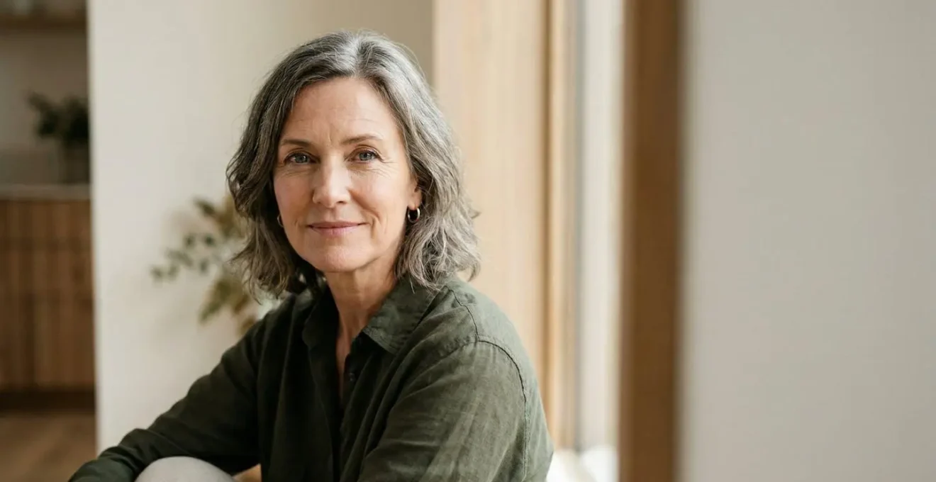 Donna serena che osserva la propria riflessione con espressione contemplativa in ambiente luminoso naturale