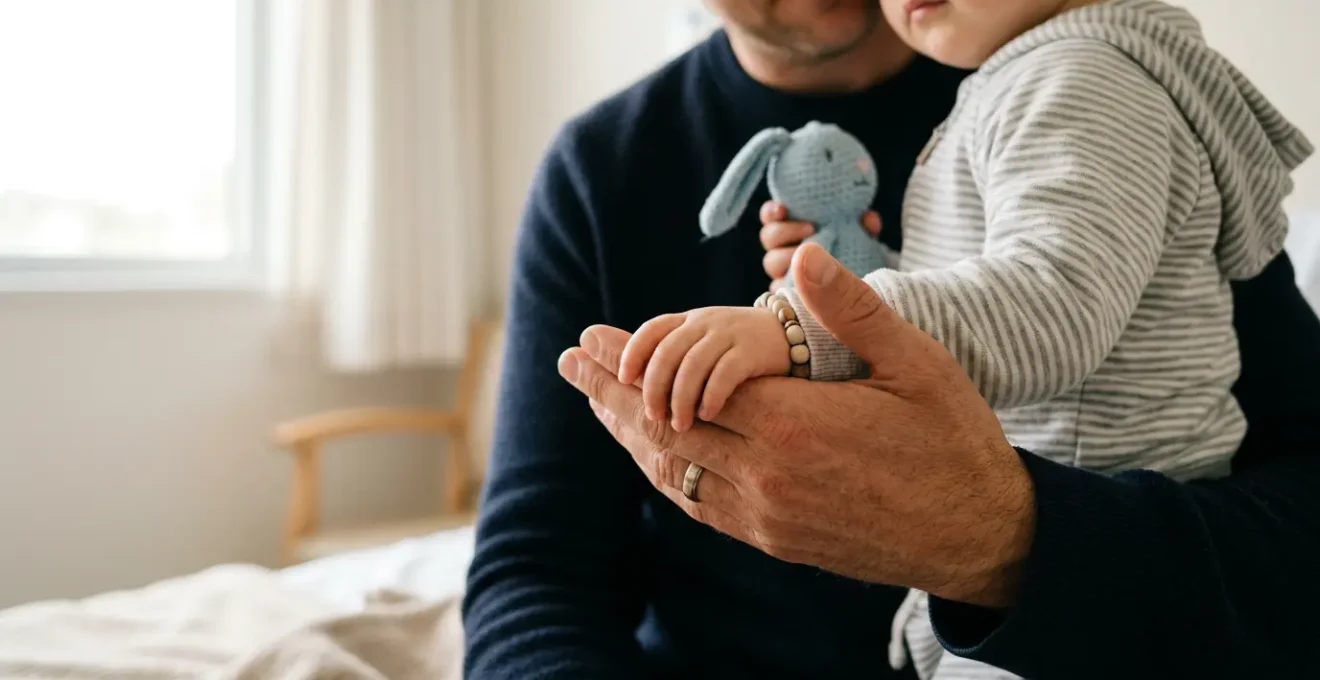 Momento di connessione emotiva tra genitore e bambino in ambiente medico pediatrico