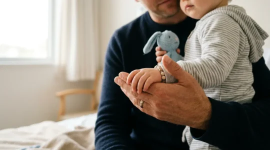 Momento di connessione emotiva tra genitore e bambino in ambiente medico pediatrico