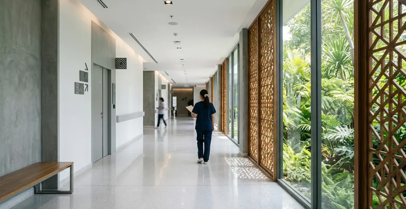 Ambiente ospedaliero moderno con atmosfera tropicale, architettura thai contemporanea e luce naturale