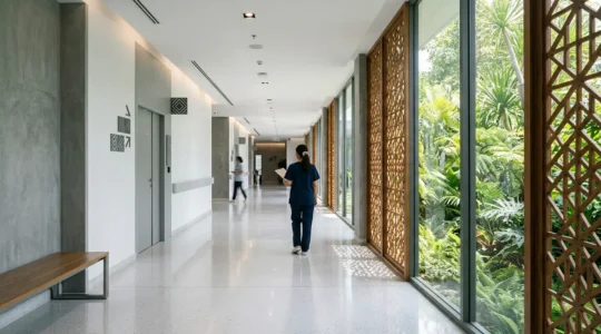 Ambiente ospedaliero moderno con atmosfera tropicale, architettura thai contemporanea e luce naturale