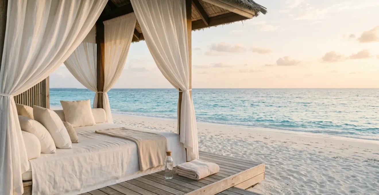 Scena rilassante di convalescenza post-chirurgica in resort tropicale con vista mare e atmosfera serena