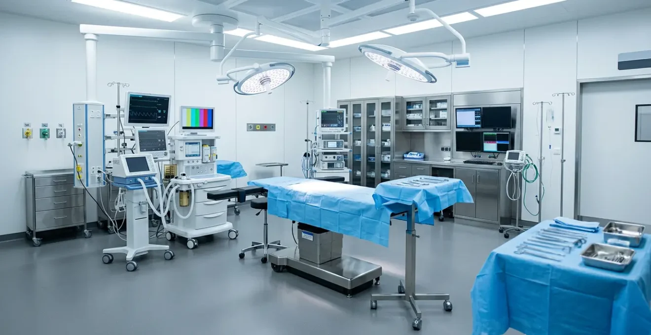 Ambiente chirurgico professionale con strumenti medici sterili e illuminazione controllata per intervento combinato di chirurgia estetica