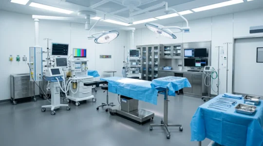 Ambiente chirurgico professionale con strumenti medici sterili e illuminazione controllata per intervento combinato di chirurgia estetica