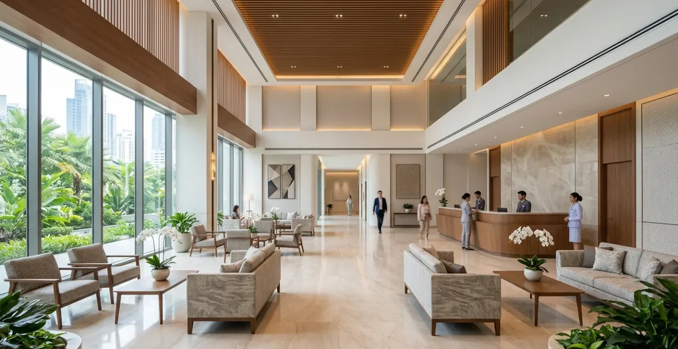 Vista ampia di un moderno ospedale internazionale di lusso a Bangkok con ambiente accogliente e tecnologie avanzate