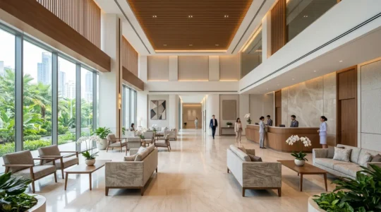 Vista ampia di un moderno ospedale internazionale di lusso a Bangkok con ambiente accogliente e tecnologie avanzate