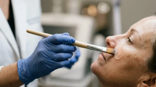 Trattamento peeling chimico per macchie solari sul viso con applicazione professionale