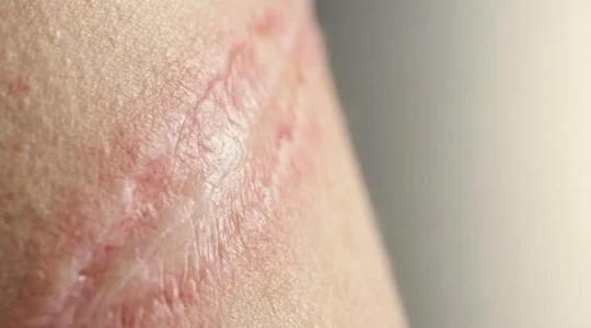 Dettaglio ravvicinato di pelle in fase di rigenerazione dopo ustione con focus su texture e processo di guarigione