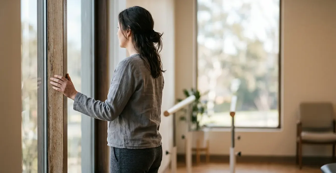 Paziente in piedi che guarda verso l'orizzonte con luce naturale, simbolo di speranza e resilienza nel percorso ricostruttivo