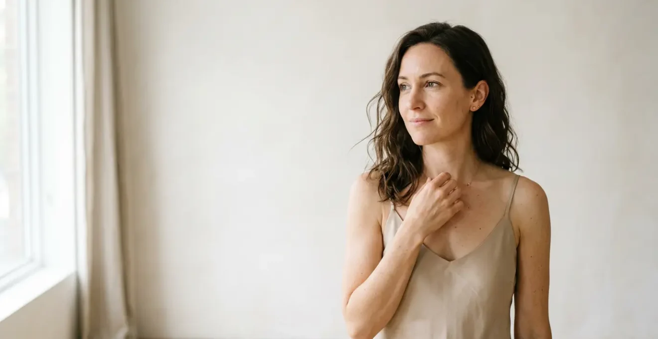 Donna che riflette sulla scelta tra protesi e lifting del seno per ritrovare un decollette pieno