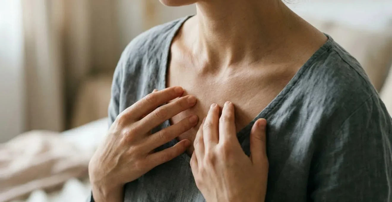 Zona del décolleté femminile in luce naturale che evidenzia la texture della pelle e le linee sottili