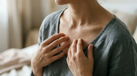 Zona del décolleté femminile in luce naturale che evidenzia la texture della pelle e le linee sottili