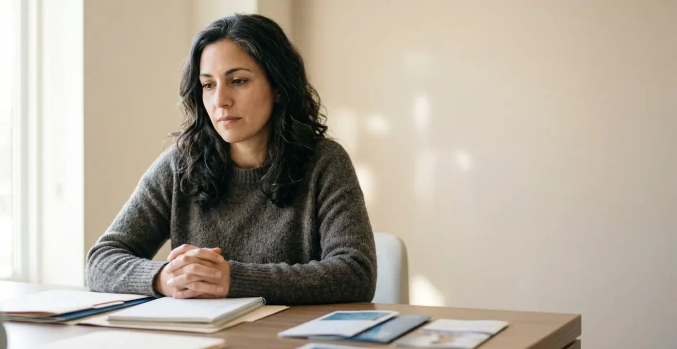 Donna che riflette sulla scelta della ricostruzione mammaria consultando documentazione medica