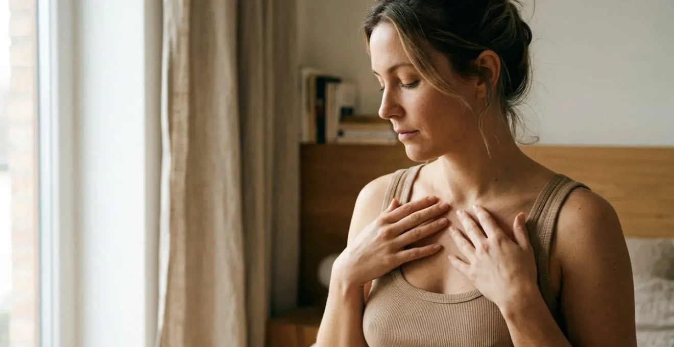 Donna che osserva con serenita il proprio decollete dopo mastopessi post-allattamento