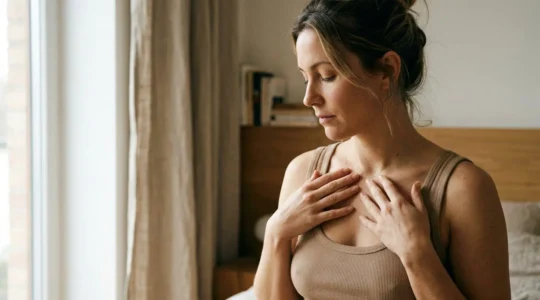 Donna che osserva con serenita il proprio decollete dopo mastopessi post-allattamento