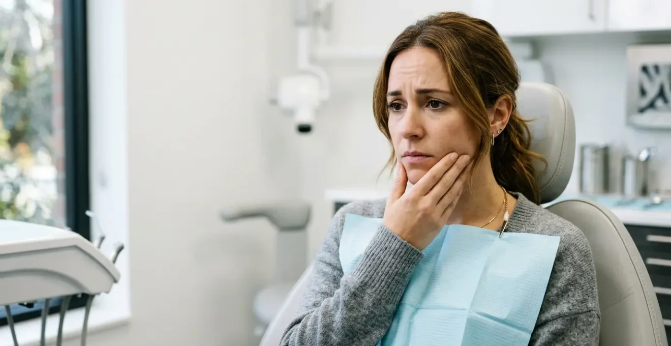 Paziente seduto su poltrona odontoiatrica con espressione preoccupata durante consultazione dentale