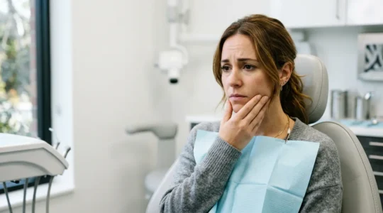 Paziente seduto su poltrona odontoiatrica con espressione preoccupata durante consultazione dentale