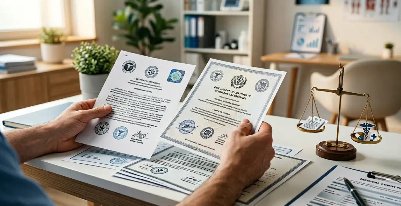 Paziente che esamina attentamente documenti e certificazioni di una clinica per trapianto capelli per distinguere qualità da prezzi bassi