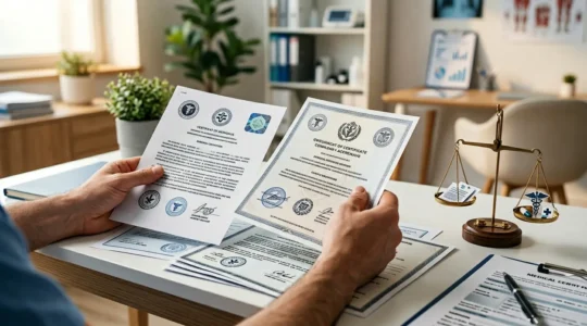 Paziente che esamina attentamente documenti e certificazioni di una clinica per trapianto capelli per distinguere qualità da prezzi bassi