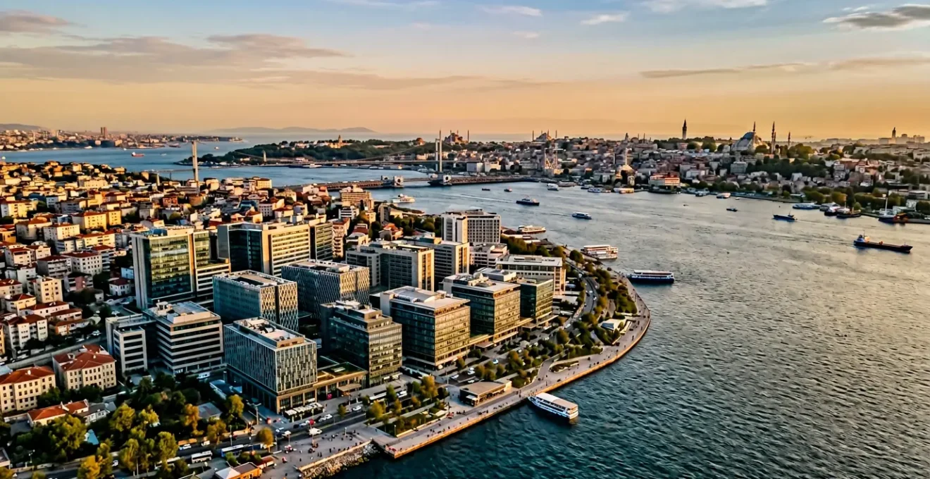 Panorama aereo di Istanbul che mostra il Bosforo con cliniche moderne e strutture mediche