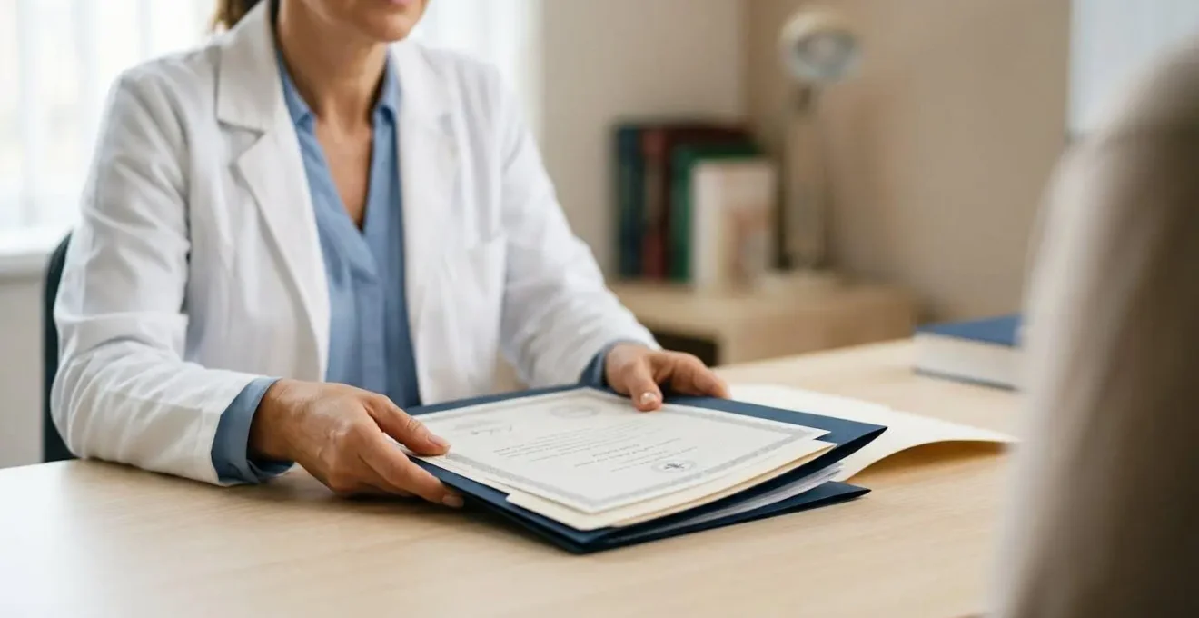 Professionista sanitario che mostra documenti di certificazione in ambiente clinico professionale