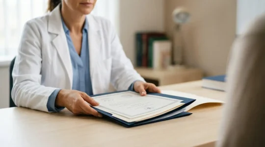 Professionista sanitario che mostra documenti di certificazione in ambiente clinico professionale