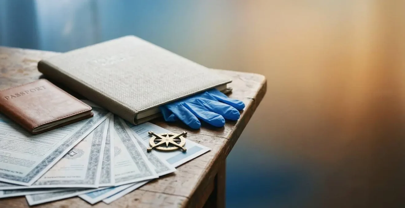 Preparazione meticolosa di un viaggio medico con documenti sanitari, passaporto e pianificazione del soggiorno