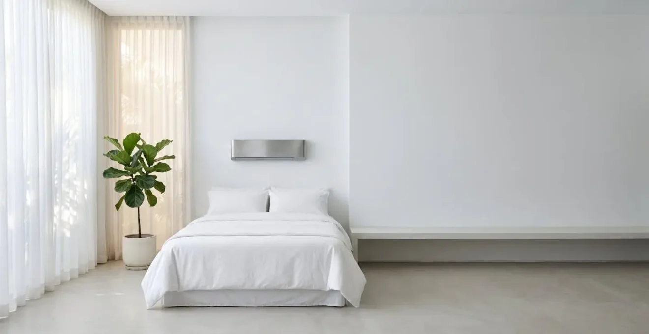 Spazio minimalista con controllo climatico, luce naturale filtrata e atmosfera serena per convalescenza