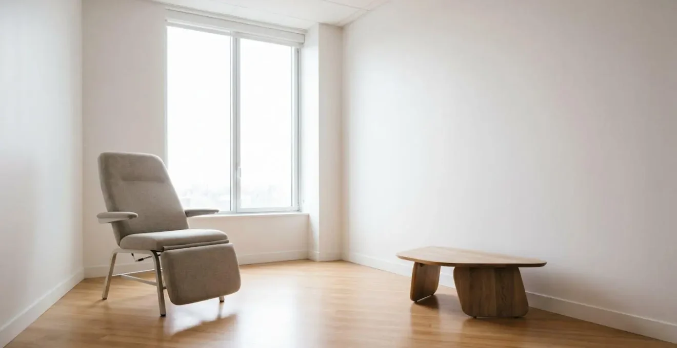 Ambiente clinico minimalista con luce naturale diffusa e ampio spazio negativo, evoca calma e rigenerazione cutanea