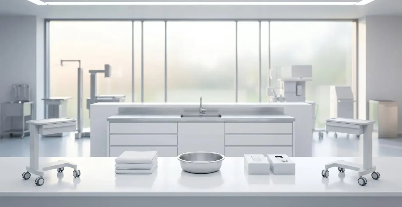 Ambiente clinico minimalista che enfatizza pulizia e sterilità con superfici immacolate e atmosfera sicura