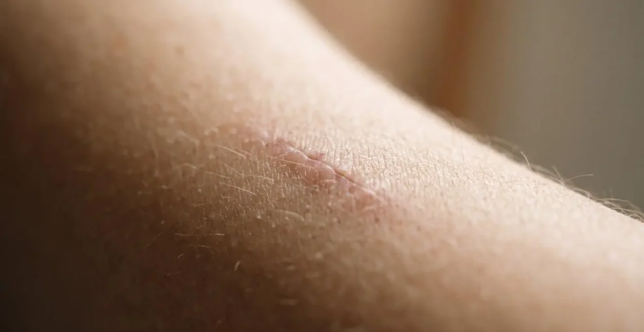 Dettaglio macro di tessuto morbido con linee sottili e texture naturale che evocano la guarigione cutanea