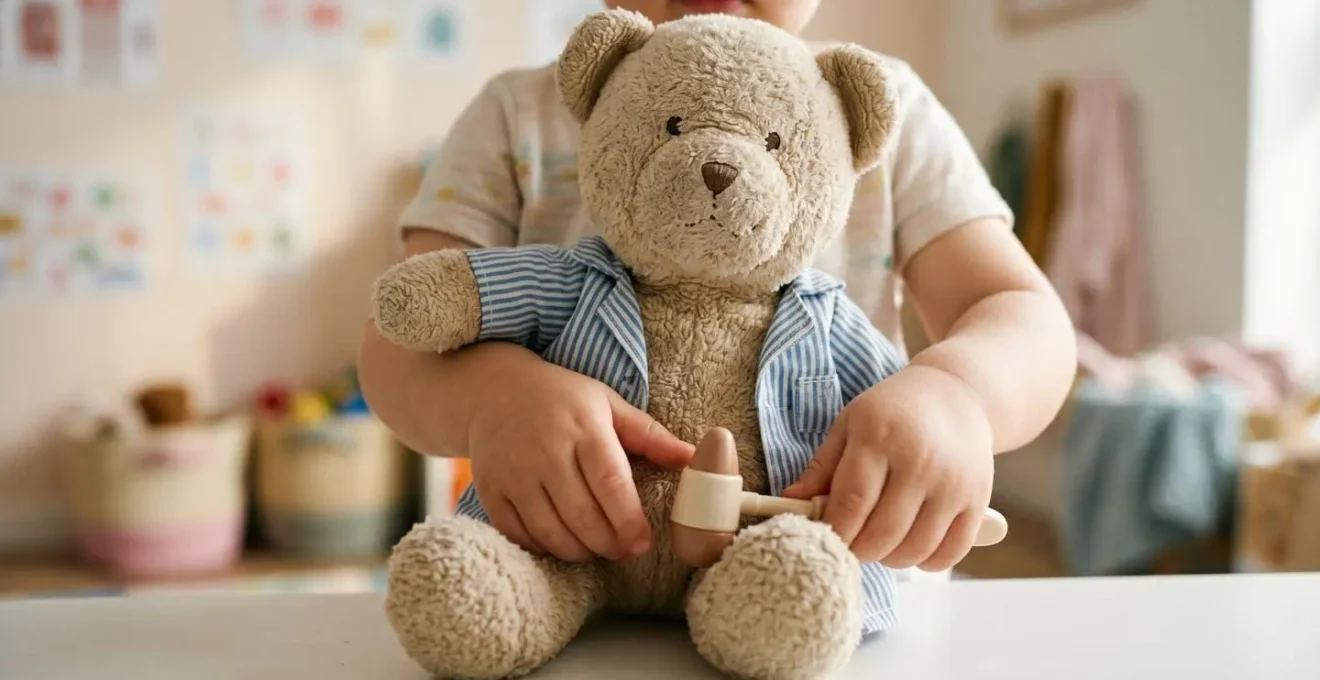 Scena di preparazione emotiva con giocattolo morbido che aiuta il bambino ad affrontare le cure