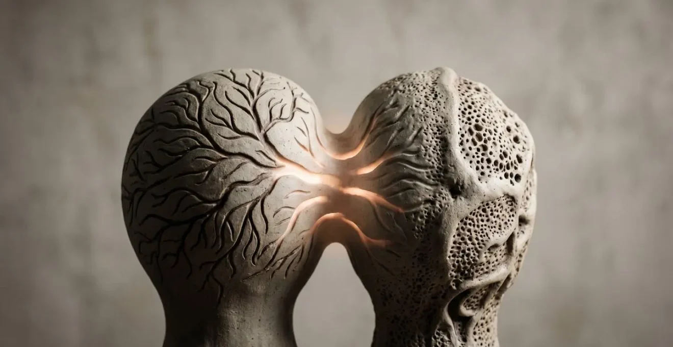 Rappresentazione visiva del legame tra stress e guarigione attraverso elementi simbolici di connessione mente-corpo