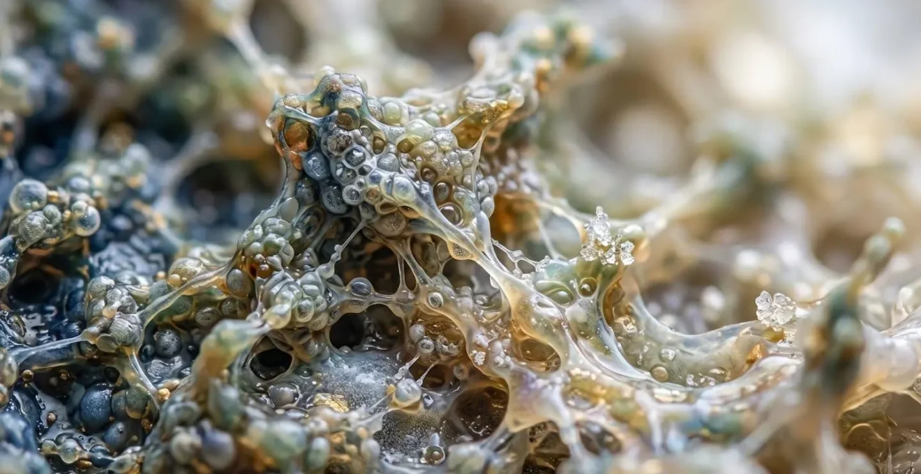 Dettaglio macro di processo rigenerativo tissutale con texture organiche e strutture cellulari