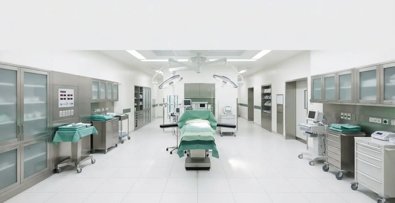 Sala operatoria moderna con attrezzature certificate e spazi sterili organizzati secondo normative sanitarie