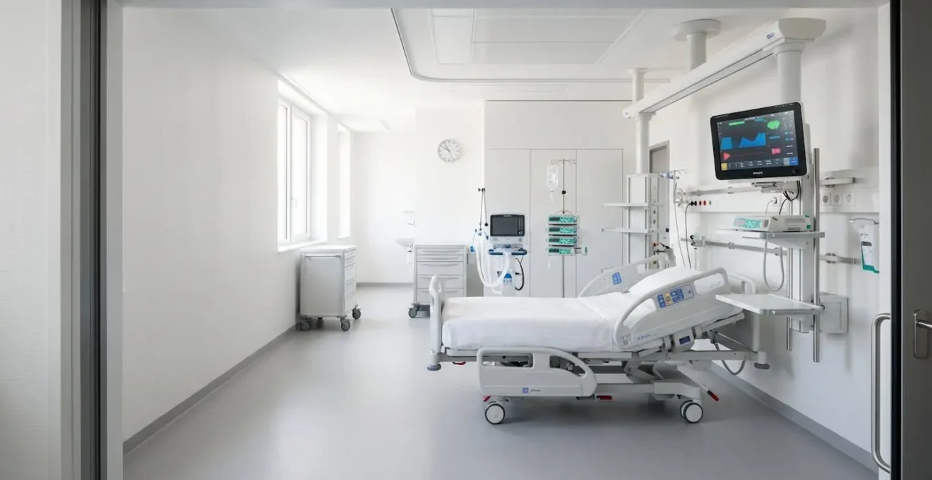Sala di terapia intensiva con attrezzature mediche avanzate per supporto vitale e rianimazione secondo standard JCI